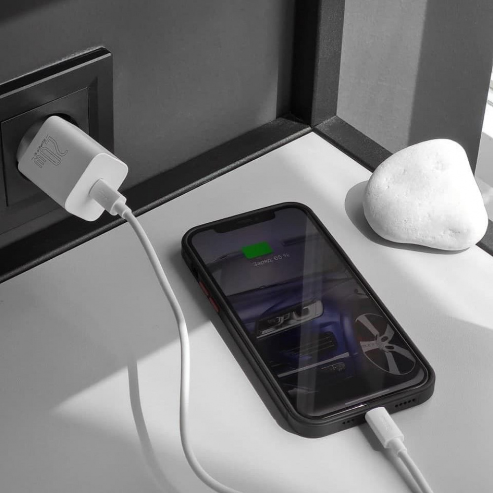 МЗП Baseus Super Silicone Quick Charger 20W (Type-C) + With Cable Type-C to Lightning white