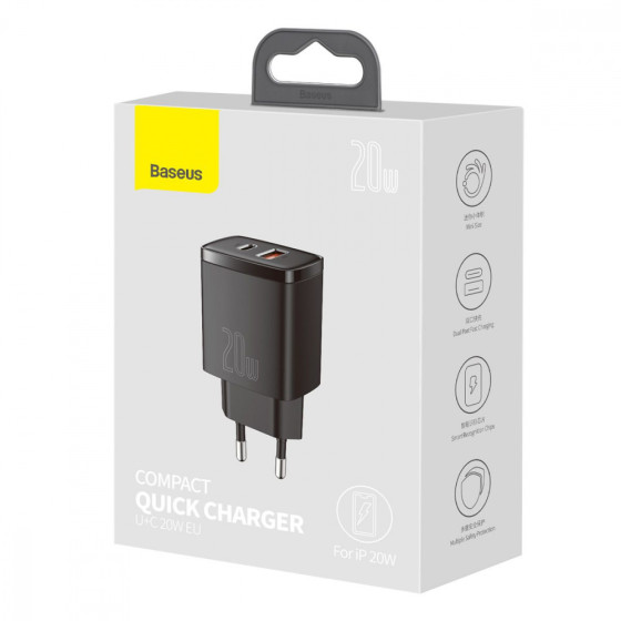 МЗП Baseus Compact Quick Charger 20W QC+PD (1Type-C+1USB) black