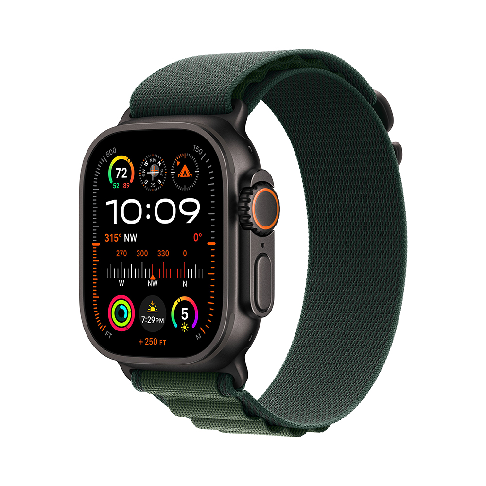 Apple Watch Ultra 2 GPS + Cellular 49mm Black Titanium Case with Dark Green Alpine Loop - Small (MX4Q3)