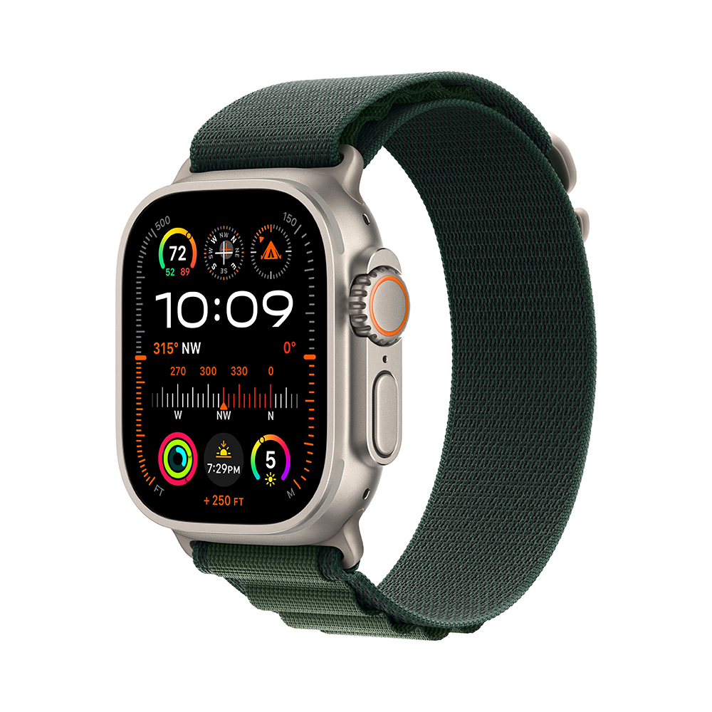 Apple Watch Ultra 2 GPS + Cellular 49mm Natural Titanium Case with Dark Green Alpine Loop - Medium (MXMV3)